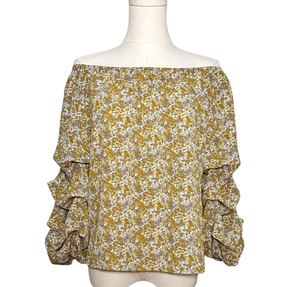 Patrizia Luca Yellow Floral Off the Shoulder Ruffled Sleeve Flowy Boho Top XS
